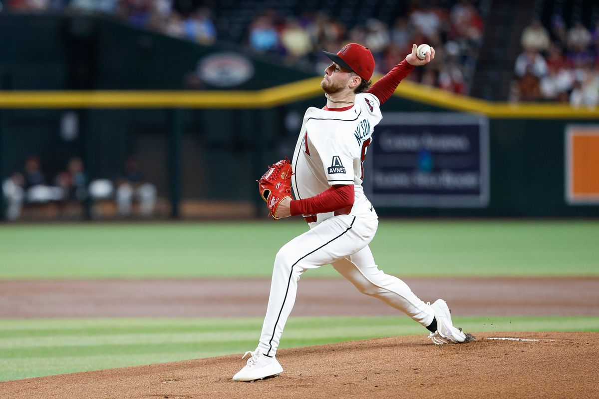 Ryne Nelson #19 of the Arizona Diamondbacks throws a pitch against the Los Angeles Angels at Chase Field on June 16, 2026 in Phoenix, Arizona. Ryne Nelson #19 of the Arizona Diamondbacks throws a pitch against the Los Angeles Angels at Chase Field on June 16, 2026 in Phoenix, Arizona.
