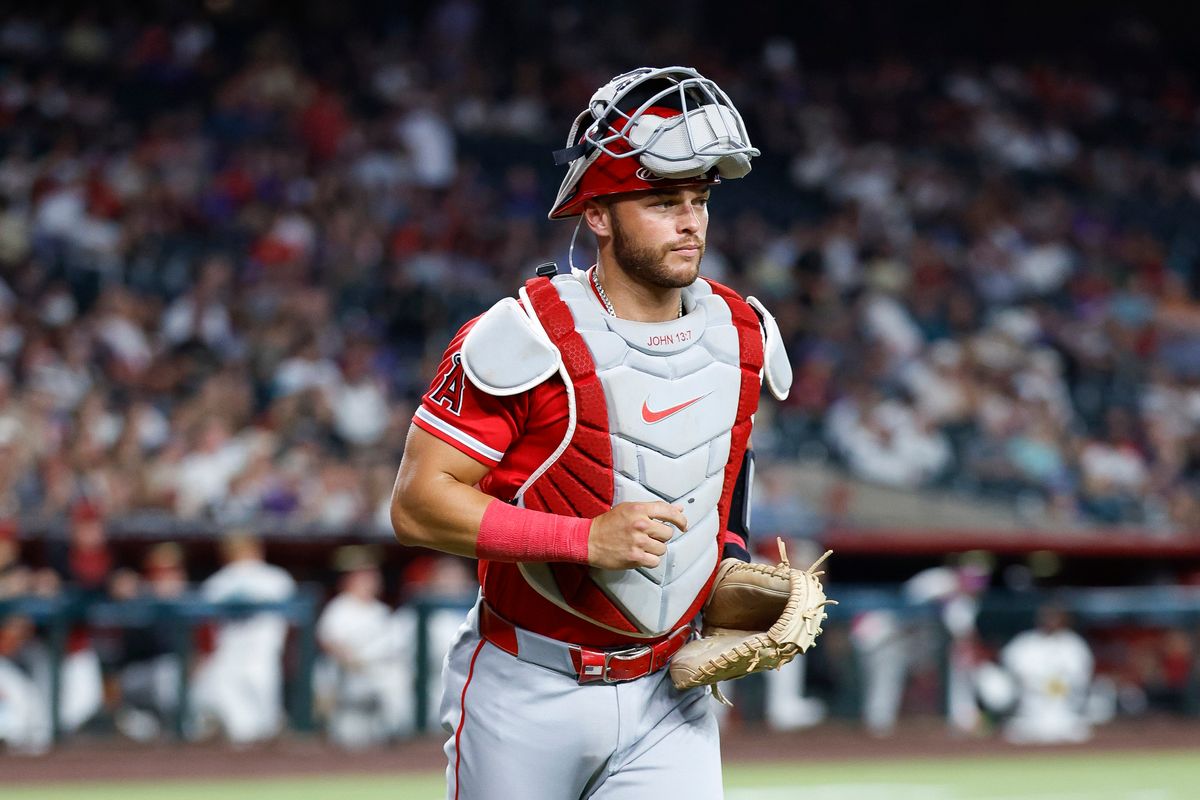 Logan O'Hoppe #14 of the Los Angeles Angels jogs to the dugout against Arizona Diamondbacks at Chase Field on June 16, 2026 in Phoenix, Arizona. Logan O'Hoppe #14 of the Los Angeles Angels jogs to the dugout against Arizona Diamondbacks at Chase Field on June 16, 2026 in Phoenix, Arizona.