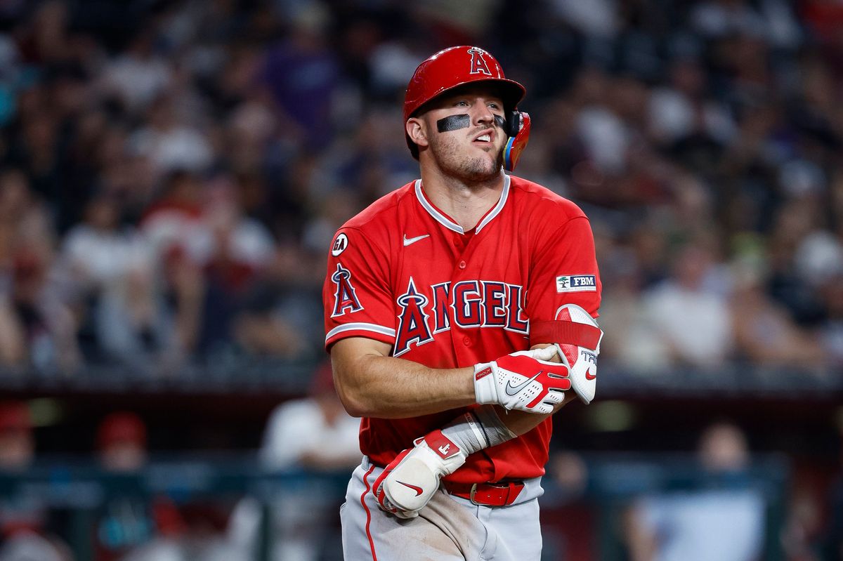 Mike Trout #27 of the Los Angeles Angels reacts affect being hit by a pitch against Arizona Diamondbacks at Chase Field on June 16, 2026 in Phoenix, Arizona. Mike Trout #27 of the Los Angeles Angels reacts affect being hit by a pitch against Arizona Diamondbacks at Chase Field on June 16, 2026 in Phoenix, Arizona.