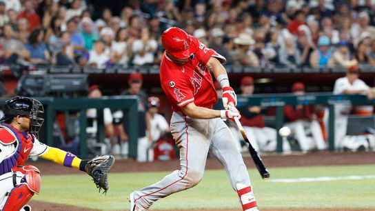 Mike Trout #27 of the Los Angeles Angels hits a home run against Arizona Diamondbacks at Chase Field on June 16, 2026 in Phoenix, Arizona. Mike Trout #27 of the Los Angeles Angels hits a home run against Arizona Diamondbacks at Chase Field on June 16, 2026 in Phoenix, Arizona.