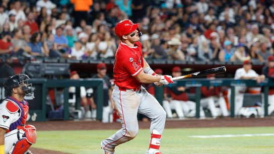 Mike Trout #27 of the Los Angeles Angels hits a home run against Arizona Diamondbacks at Chase Field on June 16, 2026 in Phoenix, Arizona. Mike Trout #27 of the Los Angeles Angels hits a home run against Arizona Diamondbacks at Chase Field on June 16, 2026 in Phoenix, Arizona.