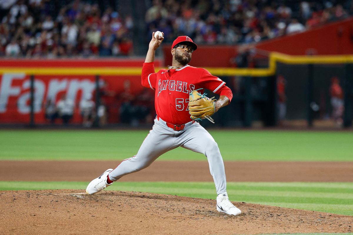 Walbert Urena #57 of the Los Angeles Angels throws a pitch against the Arizona Diamondbacks at Chase Field on June 16, 2026 in Phoenix, Arizona. Walbert Urena #57 of the Los Angeles Angels throws a pitch against the Arizona Diamondbacks at Chase Field on June 16, 2026 in Phoenix, Arizona.