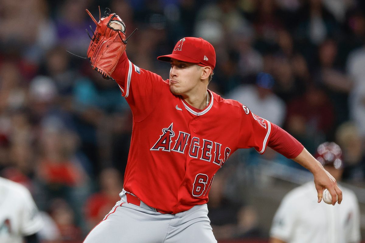 Sam Aldegheri #61 of the Los Angeles Angels throws a pitch against the Arizona Diamondbacks at Chase Field on June 16, 2026 in Phoenix, Arizona. Sam Aldegheri #61 of the Los Angeles Angels throws a pitch against the Arizona Diamondbacks at Chase Field on June 16, 2026 in Phoenix, Arizona.