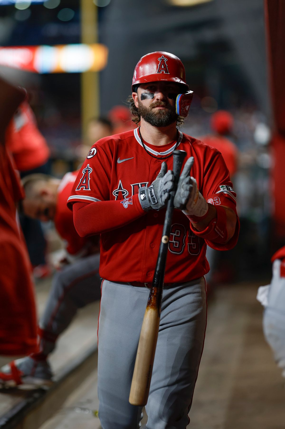 Logan Porter #33 of the Los Angeles Angels walks through the dugout against the Arizona Diamondbacks at Chase Field on June 16, 2026 in Phoenix, Arizona. Logan Porter #33 of the Los Angeles Angels walks through the dugout against the Arizona Diamondbacks at Chase Field on June 16, 2026 in Phoenix, Arizona.
