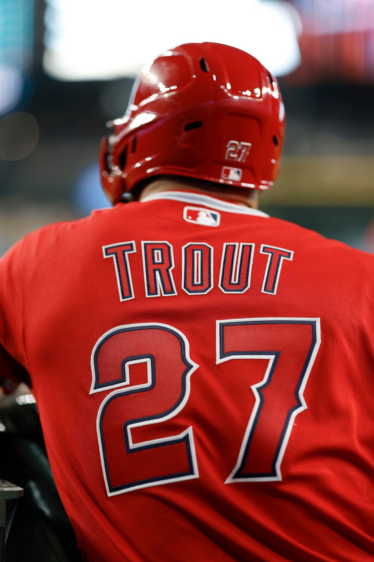 Mike Trout #27 of the Los Angeles Angels in the dugout against the Arizona Diamondbacks at Chase Field on June 16, 2026 in Phoenix, Arizona. Mike Trout #27 of the Los Angeles Angels in the dugout against the Arizona Diamondbacks at Chase Field on June 16, 2026 in Phoenix, Arizona.
