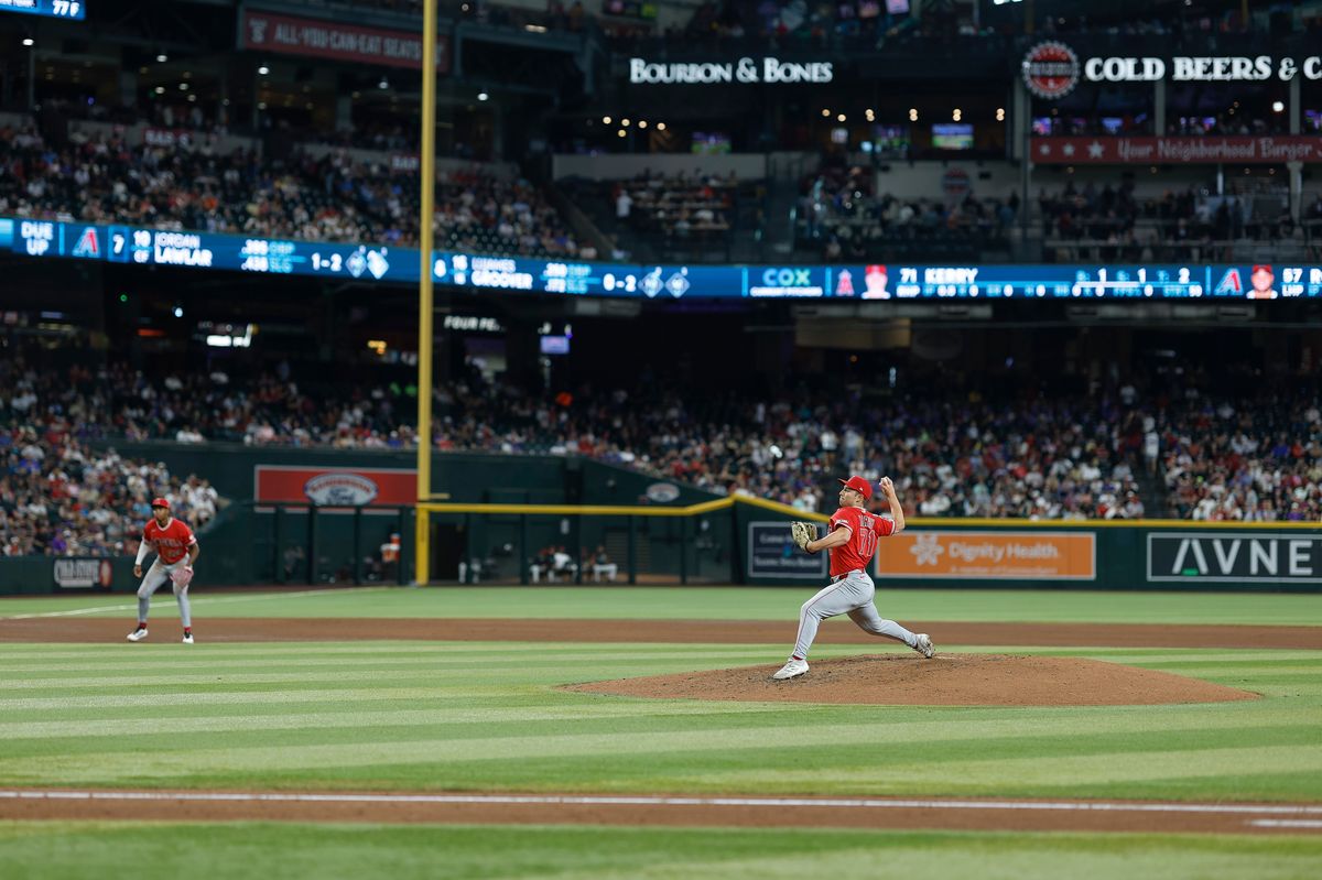 Brett Kerry #71 of the Los Angeles Angels throws a pitch against the Arizona Diamondbacks at Chase Field on June 16, 2026 in Phoenix, Arizona. Brett Kerry #71 of the Los Angeles Angels throws a pitch against the Arizona Diamondbacks at Chase Field on June 16, 2026 in Phoenix, Arizona.