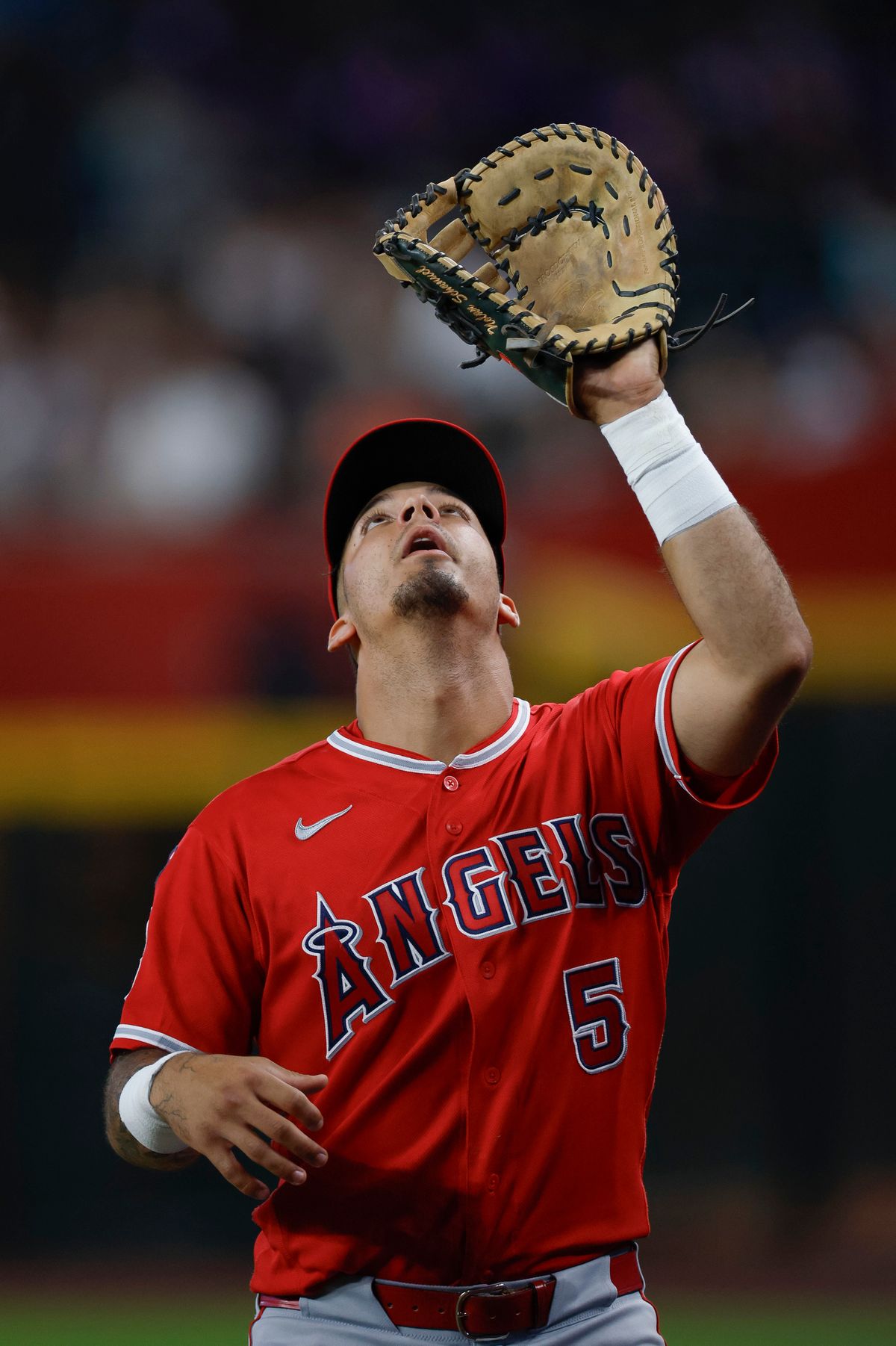 Vaughn Grissom #5 of the Los Angeles Angels reaches up for a catch against the Arizona Diamondbacks at Chase Field on June 16, 2026 in Phoenix, Arizona. Vaughn Grissom #5 of the Los Angeles Angels reaches up for a catch against the Arizona Diamondbacks at Chase Field on June 16, 2026 in Phoenix, Arizona.