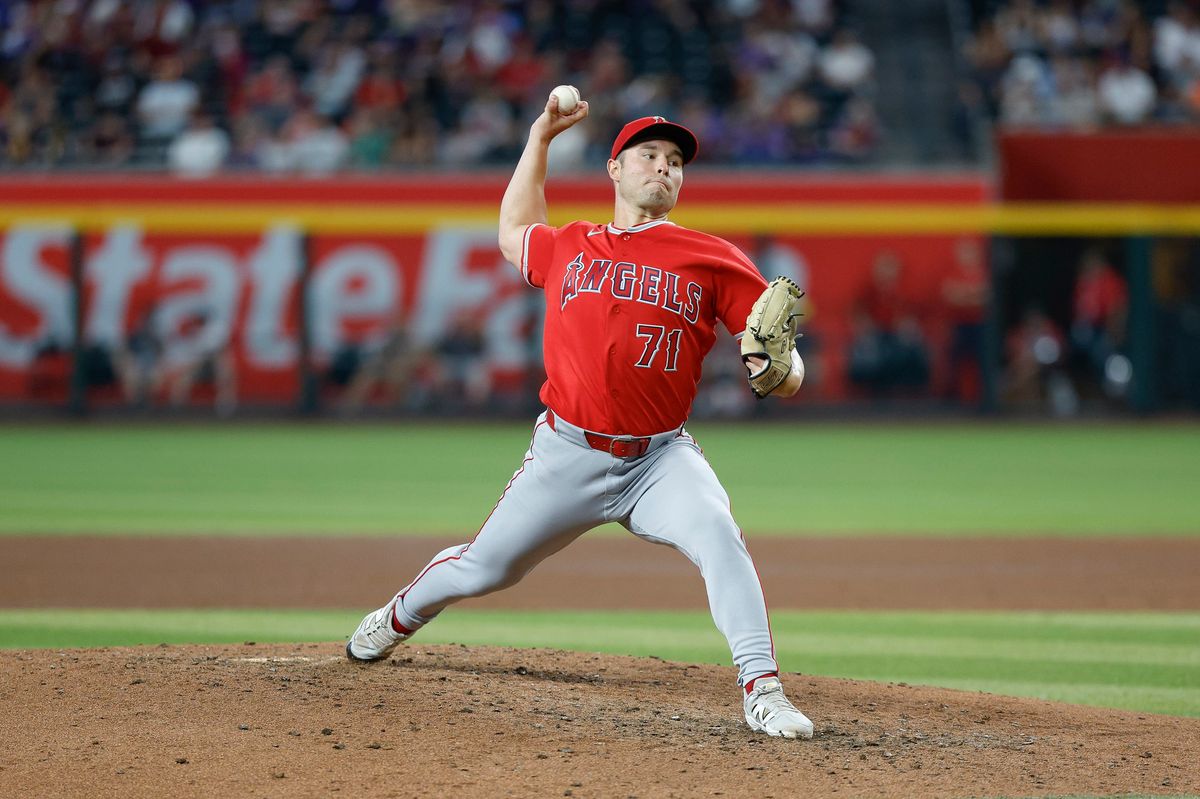 Brett Kerry #71 of the Los Angeles Angels throws a pitch against the Arizona Diamondbacks at Chase Field on June 16, 2026 in Phoenix, Arizona. Brett Kerry #71 of the Los Angeles Angels throws a pitch against the Arizona Diamondbacks at Chase Field on June 16, 2026 in Phoenix, Arizona.