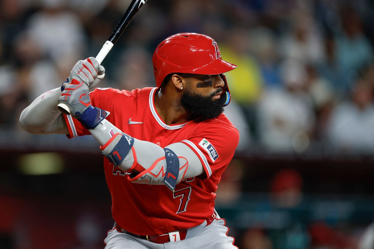 Jo Adell #7 of the Los Angeles Angels bats against the Arizona Diamondbacks at Chase Field on June 16, 2026 in Phoenix, Arizona. Jo Adell #7 of the Los Angeles Angels bats against the Arizona Diamondbacks at Chase Field on June 16, 2026 in Phoenix, Arizona.