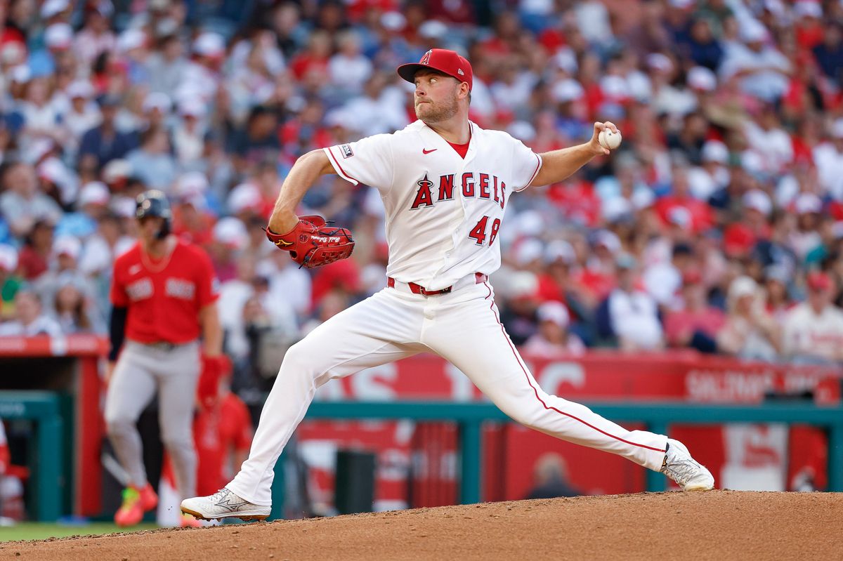 Reid Detmers #48 of the Los Angeles Angels throws a pitch against the Boston Red Sox at Angel Stadium on July 3, 2026 in Anaheim, California. Reid Detmers #48 of the Los Angeles Angels throws a pitch against the Boston Red Sox at Angel Stadium on July 3, 2026 in Anaheim, California.