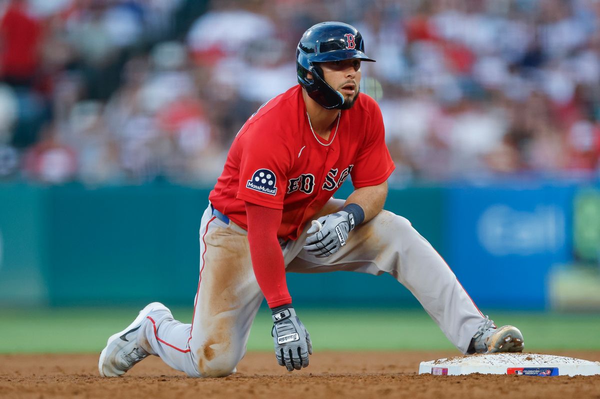 Wilyer Abreu #52 of the Boston Red Sox at second base against the Los Angeles Angels at Angel Stadium on July 3, 2026 in Anaheim, California. Wilyer Abreu #52 of the Boston Red Sox at second base against the Los Angeles Angels at Angel Stadium on July 3, 2026 in Anaheim, California.