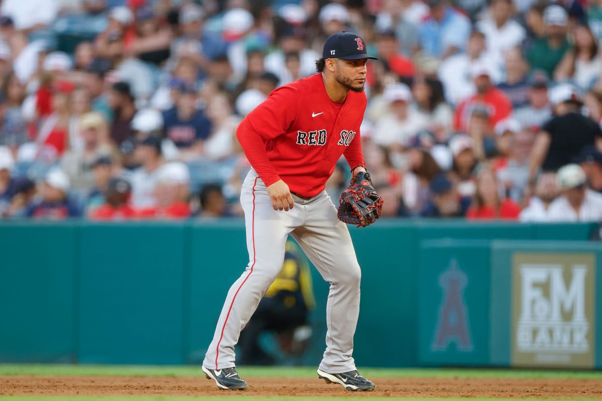 Willson Contreras #40 of the Boston Red Sox in defensive position at first base against the Los Angeles Angels at Angel Stadium on July 3, 2026 in Anaheim, California. Willson Contreras #40 of the Boston Red Sox in defensive position at first base against the Los Angeles Angels at Angel Stadium on July 3, 2026 in Anaheim, California.
