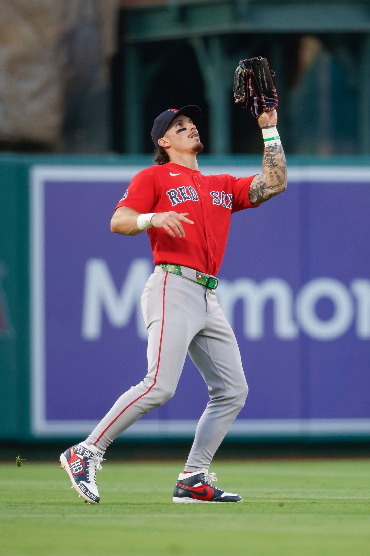 Jarren Duran #16 of the Boston Red Sox catches a fly out against the Los Angeles Angels at Angel Stadium on July 3, 2026 in Anaheim, California. Jarren Duran #16 of the Boston Red Sox catches a fly out against the Los Angeles Angels at Angel Stadium on July 3, 2026 in Anaheim, California.