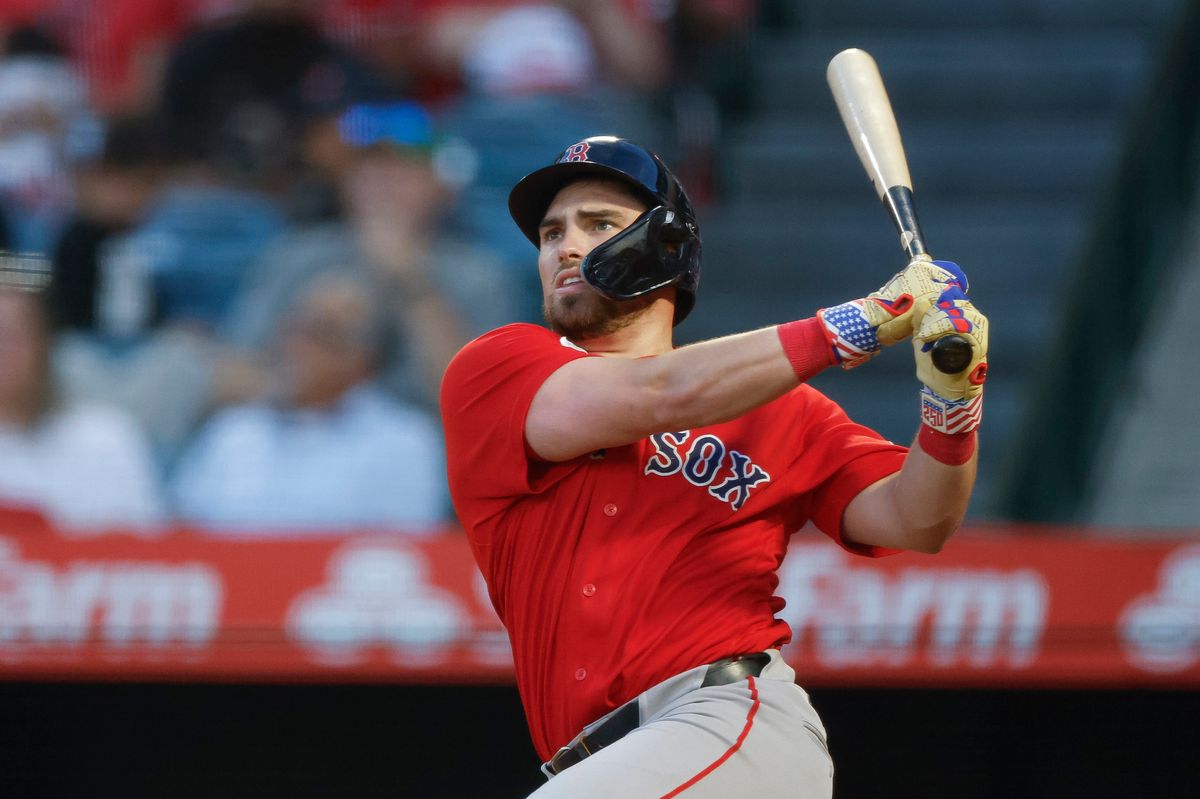 Caleb Durbin #5 of the Boston Red Sox hits a home run against the Los Angeles Angels at Angel Stadium on July 3, 2026 in Anaheim, California. Caleb Durbin #5 of the Boston Red Sox hits a home run against the Los Angeles Angels at Angel Stadium on July 3, 2026 in Anaheim, California.