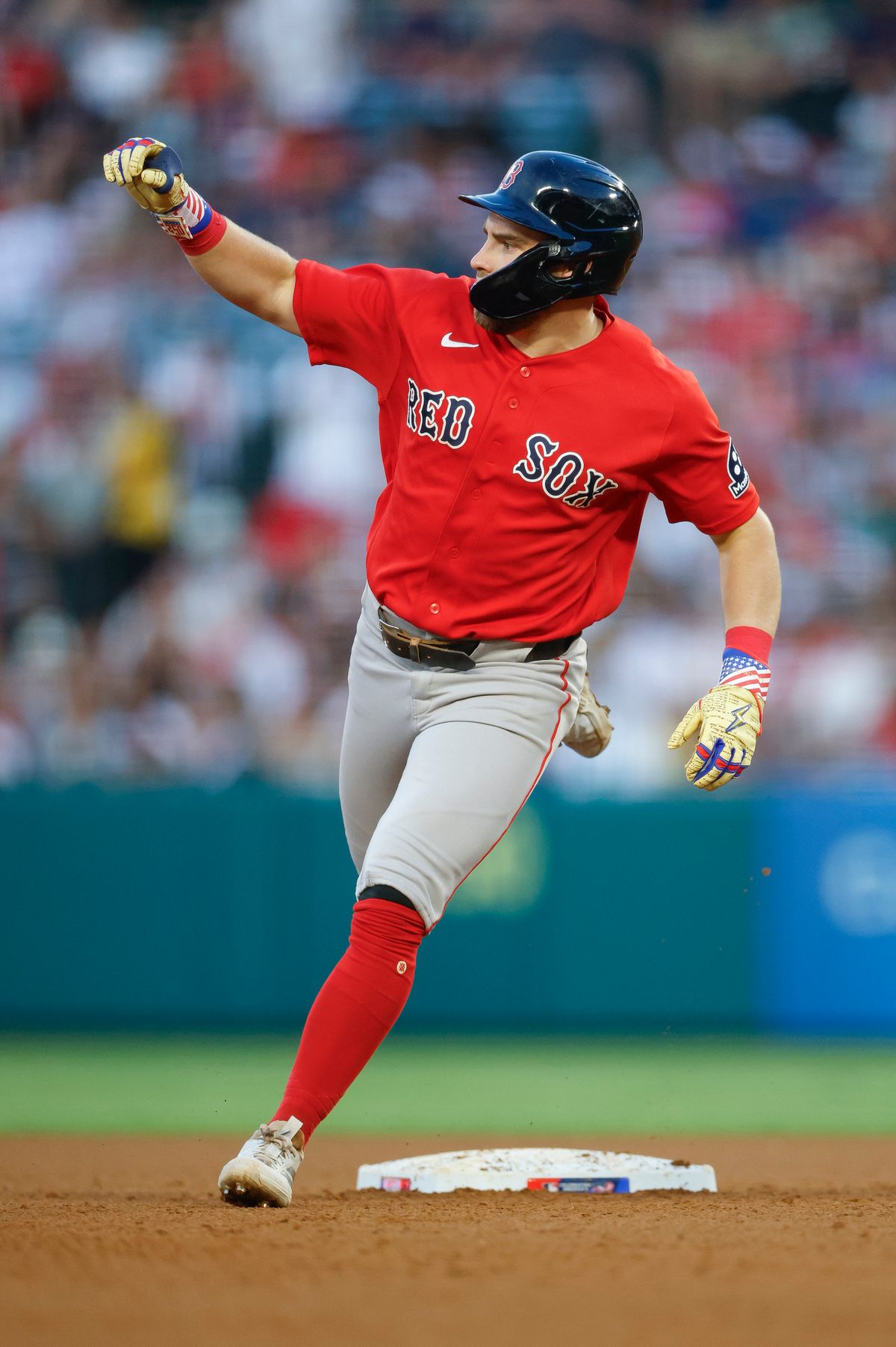 Caleb Durbin #5 of the Boston Red Sox hits celebrates his home run against the Los Angeles Angels at Angel Stadium on July 3, 2026 in Anaheim, California. Caleb Durbin #5 of the Boston Red Sox hits celebrates his home run against the Los Angeles Angels at Angel Stadium on July 3, 2026 in Anaheim, California.