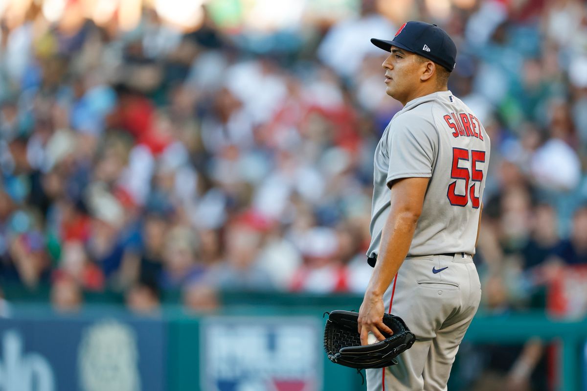 Ranger Suarez #55 of the Boston Red Sox reacts against the Los Angeles Angels at Angel Stadium of Anaheim on July 5, 2026 in Anaheim, California. Ranger Suarez #55 of the Boston Red Sox reacts against the Los Angeles Angels at Angel Stadium of Anaheim on July 5, 2026 in Anaheim, California.
