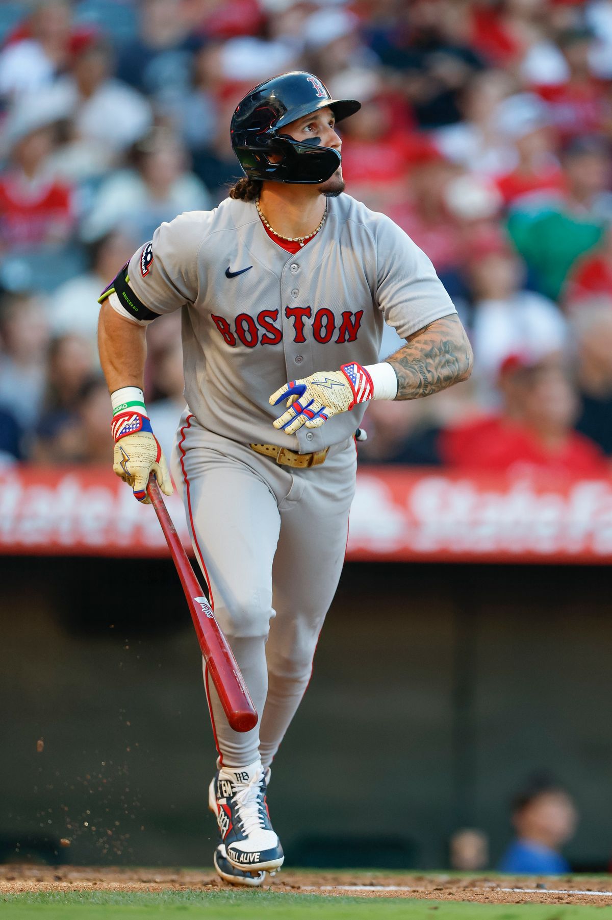 Jarren Duran #16 of the Boston Red Sox hits a home run against the Los Angeles Angels at Angel Stadium of Anaheim on July 5, 2026 in Anaheim, California. Jarren Duran #16 of the Boston Red Sox hits a home run against the Los Angeles Angels at Angel Stadium of Anaheim on July 5, 2026 in Anaheim, California.