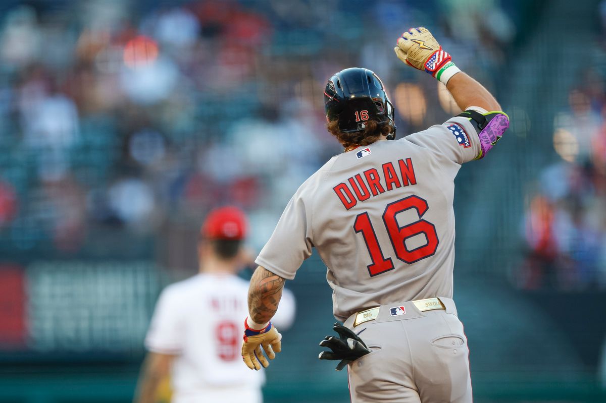 Jarren Duran #16 of the Boston Red Sox hits a home run against the Los Angeles Angels at Angel Stadium of Anaheim on July 5, 2026 in Anaheim, California. Jarren Duran #16 of the Boston Red Sox hits a home run against the Los Angeles Angels at Angel Stadium of Anaheim on July 5, 2026 in Anaheim, California.