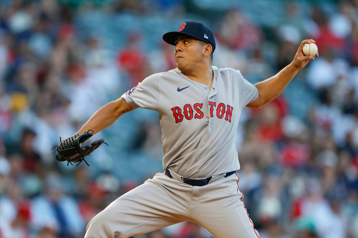 Ranger Suarez #55 of the Boston Red Sox throws a pitch against the Los Angeles Angels at Angel Stadium of Anaheim on July 5, 2026 in Anaheim, California. Ranger Suarez #55 of the Boston Red Sox throws a pitch against the Los Angeles Angels at Angel Stadium of Anaheim on July 5, 2026 in Anaheim, California.