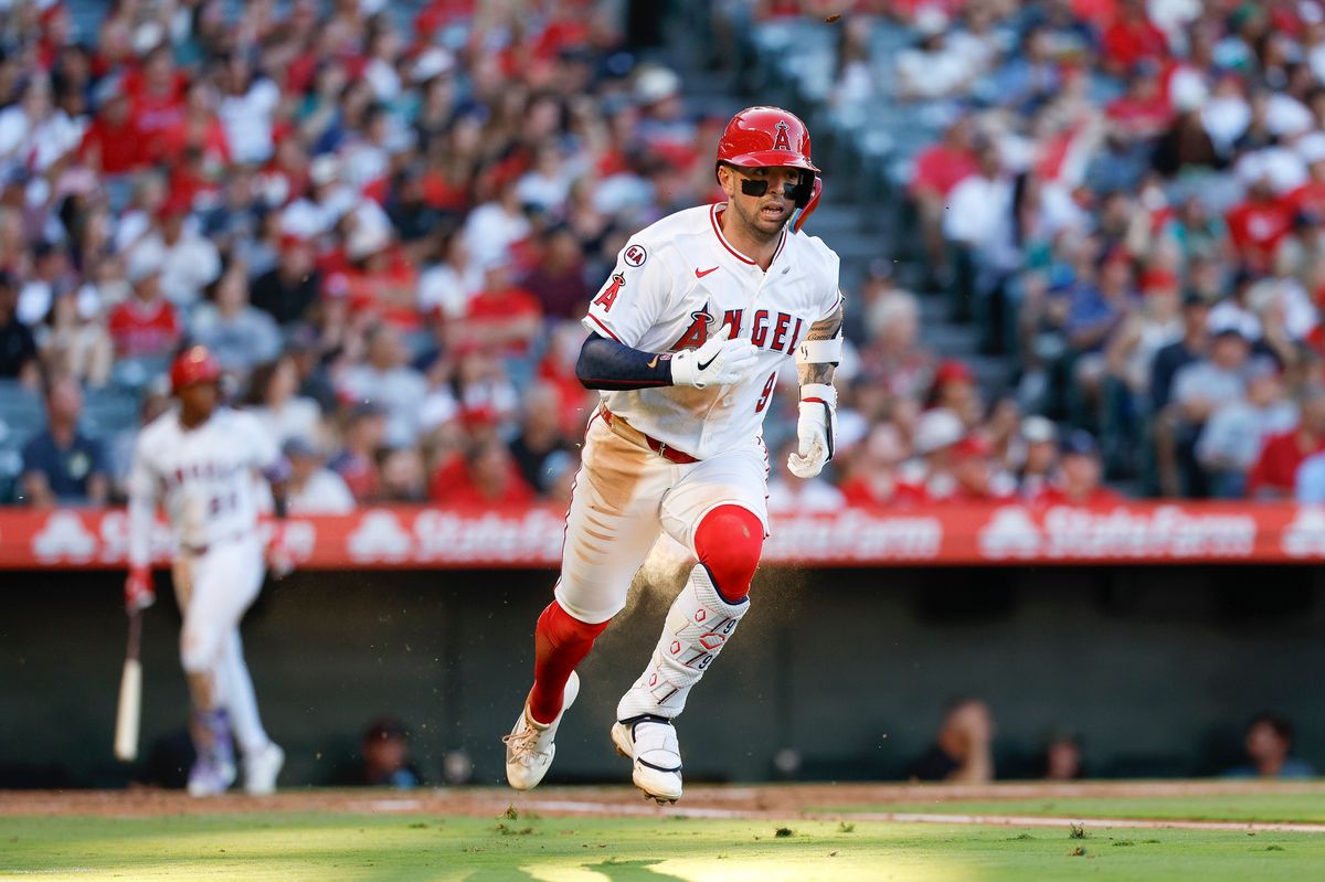 Zach Neto #9 of the Los Angeles Angels runs up the line against the Boston Red Sox at Angel Stadium of Anaheim on July 5, 2026 in Anaheim, California. Zach Neto #9 of the Los Angeles Angels runs up the line against the Boston Red Sox at Angel Stadium of Anaheim on July 5, 2026 in Anaheim, California.