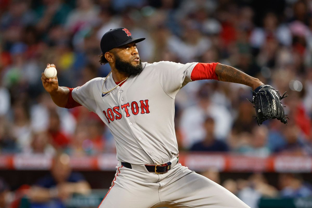 Tyron Guerrero #41 of the Boston Red Sox pitches against the Los Angeles Angels at Angel Stadium of Anaheim on July 5, 2026 in Anaheim, California. Tyron Guerrero #41 of the Boston Red Sox pitches against the Los Angeles Angels at Angel Stadium of Anaheim on July 5, 2026 in Anaheim, California.