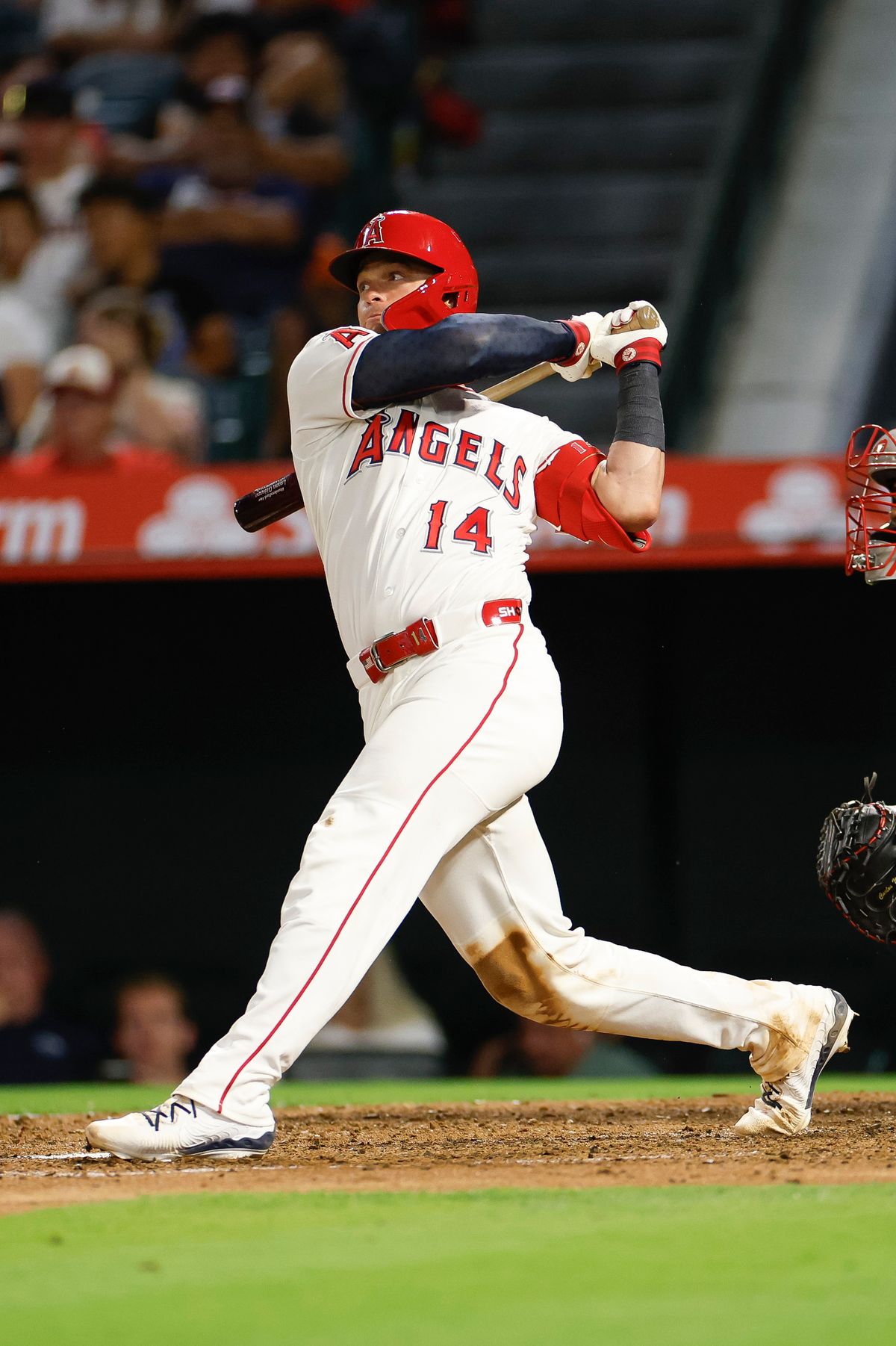 Logan O'Hoppe #14 of the Los Angeles Angels swings the bat against the Boston Red Sox at Angel Stadium of Anaheim on July 5, 2026 in Anaheim, California. Logan O'Hoppe #14 of the Los Angeles Angels swings the bat against the Boston Red Sox at Angel Stadium of Anaheim on July 5, 2026 in Anaheim, California.