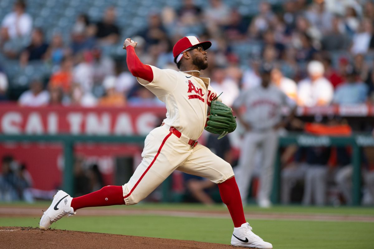 LA Angels starting pitcher Walbert Urena (57) throws a pitch during a game between the Houston Astros and the Los Angeles Angels on Monday, July 27, 2026 at Angels Stadium in Anaheim Calif.