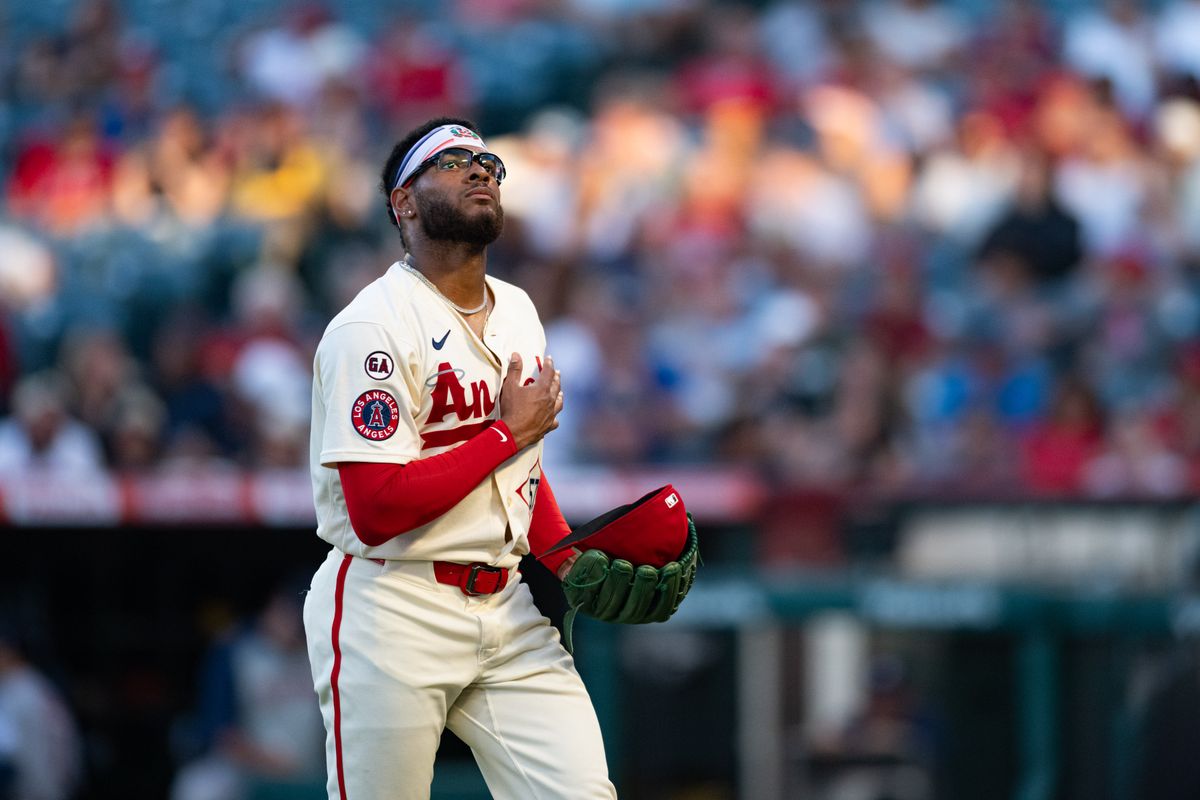 LA Angels starting pitcher Walbert Urena (57) walks back to the dugout after an inning during a game between the Houston Astros and the Los Angeles Angels on Monday, July 27, 2026 at Angels Stadium in Anaheim Calif.