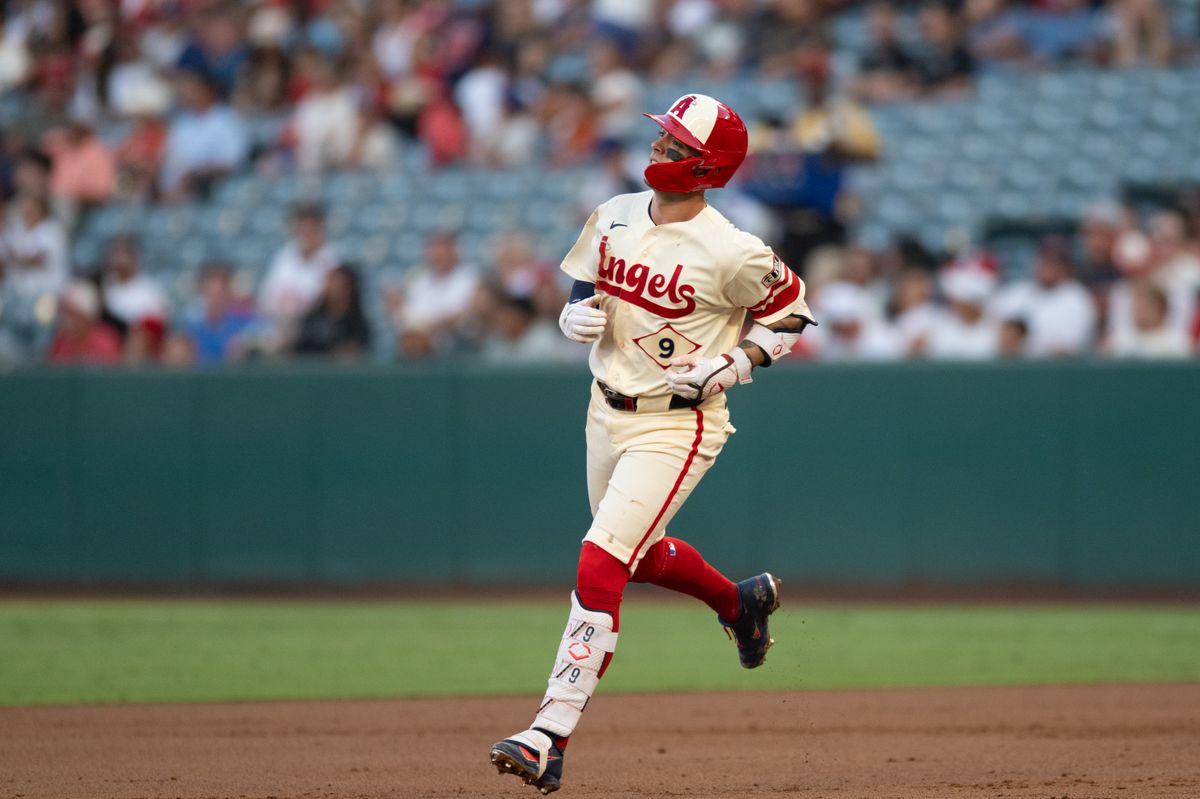 LA Angels short stop Zach Neto (9) runs to second base during a game between the Houston Astros and the Los Angeles Angels on Monday, July 27, 2026 at Angels Stadium in Anaheim Calif.