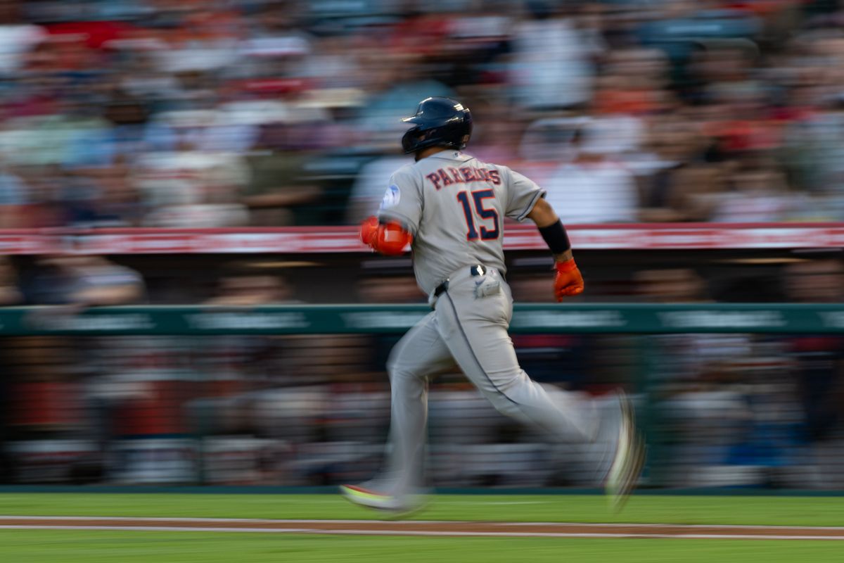 Houston Astros 3rd baseman Isaac Paredes (15) runs to first base during a game between the Houston Astros and the Los Angeles Angels on Monday, July 27, 2026 at Angels Stadium in Anaheim Calif.