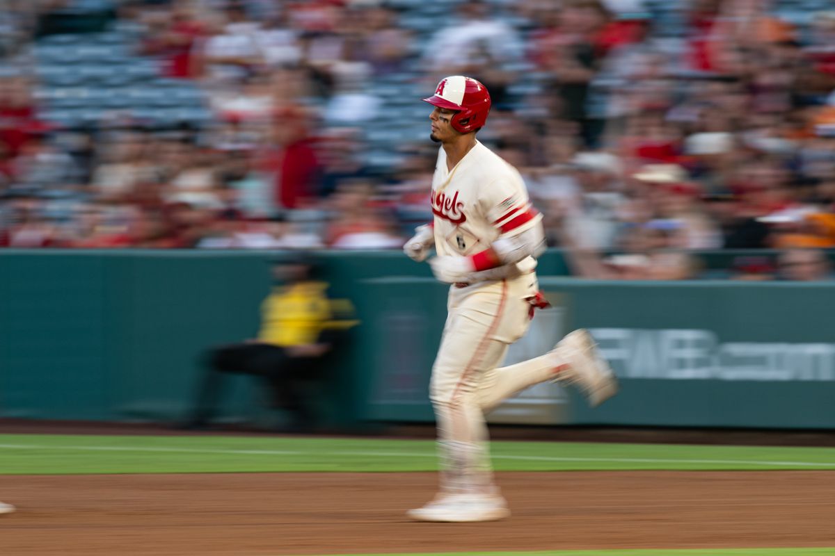 LA Angels short stop Zach Neto (9) runs to second base during a game between the Houston Astros and the Los Angeles Angels on Monday, July 27, 2026 at Angels Stadium in Anaheim Calif.