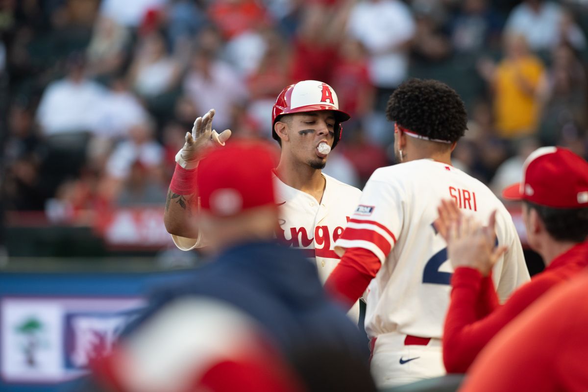 LA Angels second baseman Vaughn Grissom (5) celebrates after hitting a homerun during a game between the Houston Astros and the Los Angeles Angels on Monday, July 27, 2026 at Angels Stadium in Anaheim Calif.