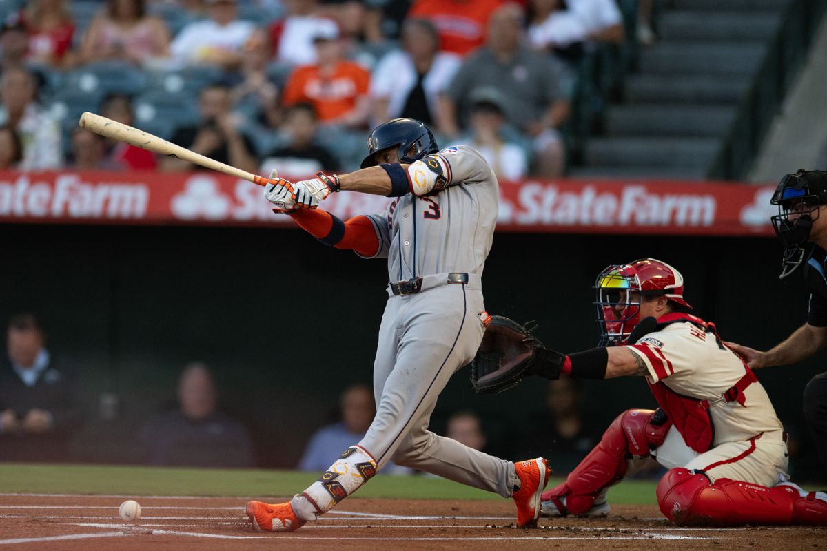 Houston Astros 3rd baseman Isaac Paredes (15) swings and hits a foul ball during a game between the Houston Astros and the Los Angeles Angels on Monday, July 27, 2026 at Angels Stadium in Anaheim Calif.