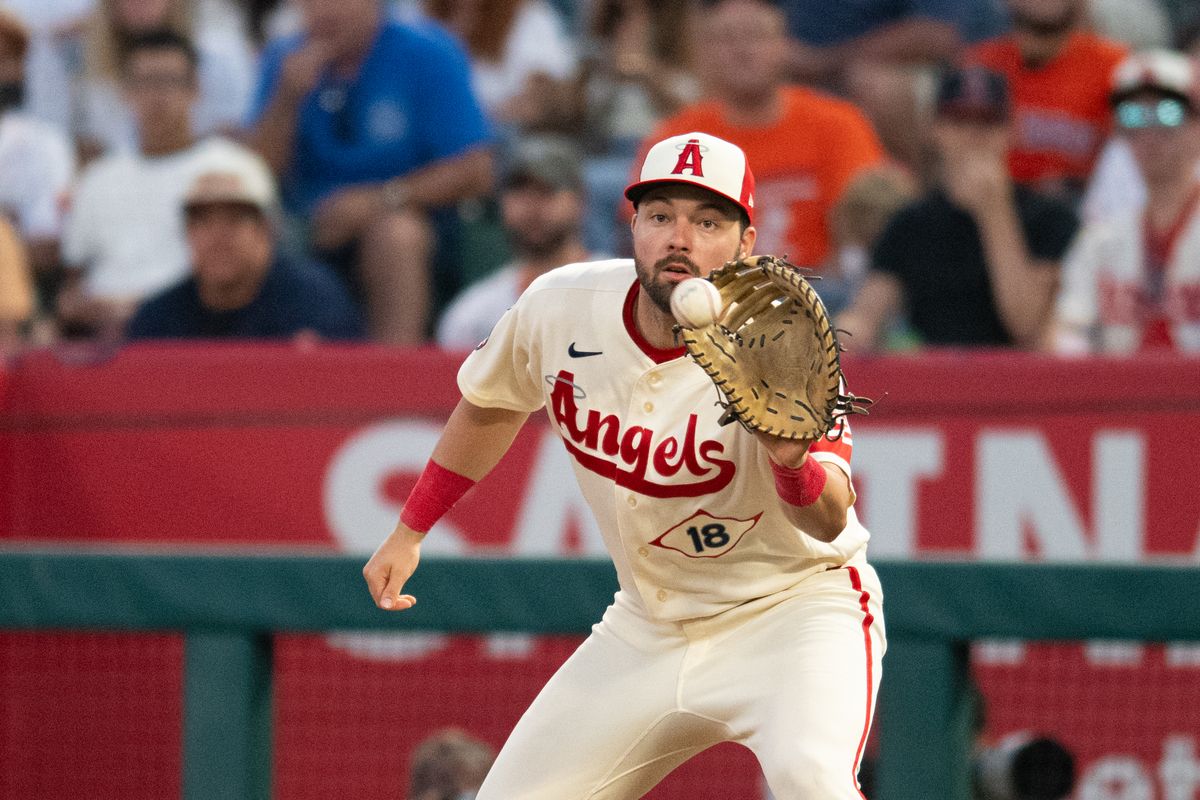 LA Angels first baseman Nolan Schanuel (18) makes a catch during a game between the Houston Astros and the Los Angeles Angels on Monday, July 27, 2026 at Angels Stadium in Anaheim Calif.