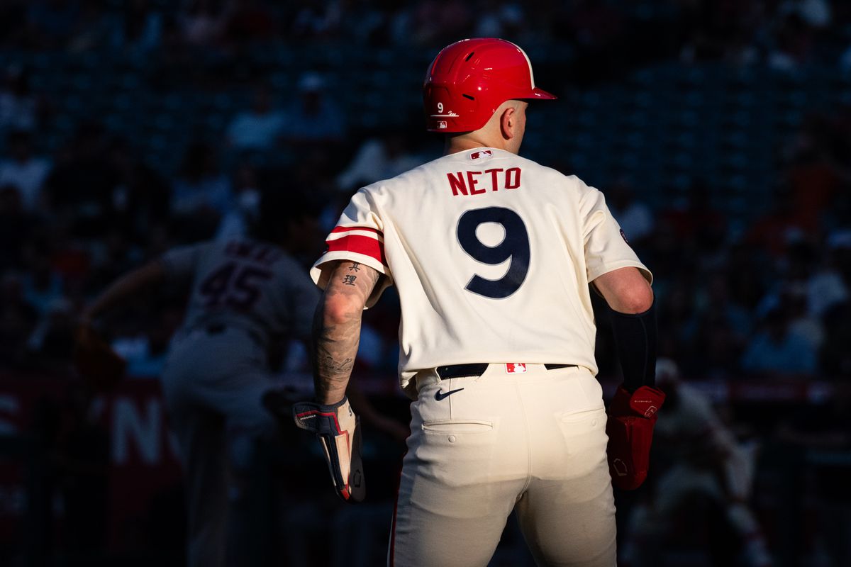 LA Angels short stop Zach Neto (9) stands by at third base during a game between the Houston Astros and the Los Angeles Angels on Monday, July 27, 2026 at Angels Stadium in Anaheim Calif.