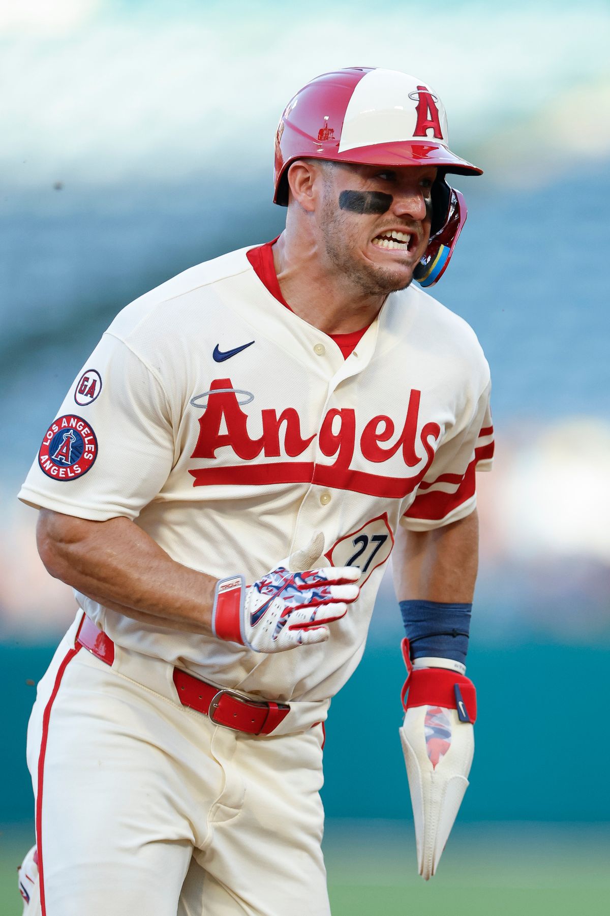 Mike Trout #27 of the Los Angeles Angels runs the bases against the Milwaukee Brewers on August 1, 2026 at Angel Stadium in Anaheim, California. Mike Trout #27 of the Los Angeles Angels runs the bases against the Milwaukee Brewers on August 1, 2026 at Angel Stadium in Anaheim, California.