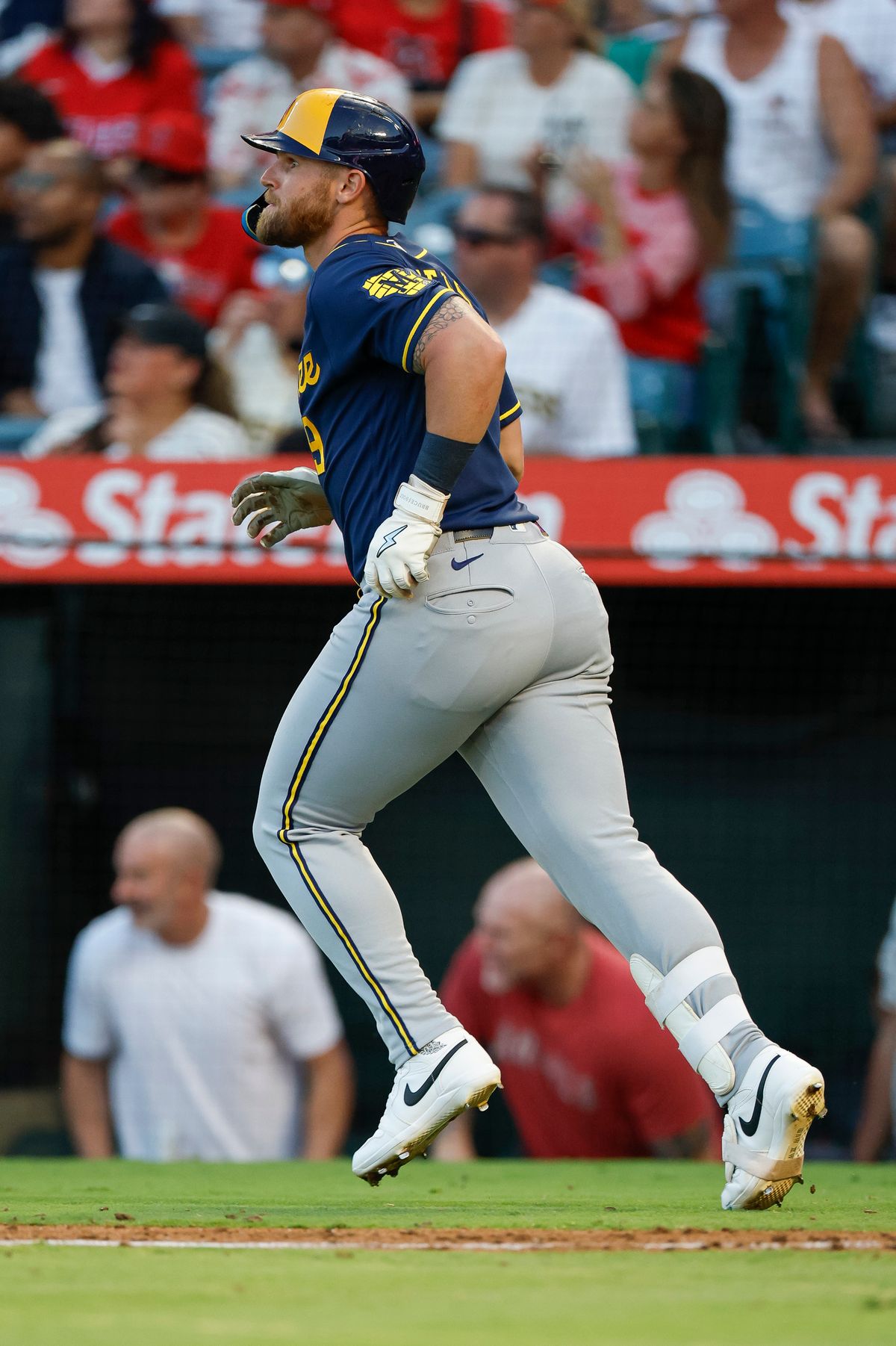 Jake Bauers #9 of the Milwaukee Brewers hits a home run against the Los Angeles Angels on August 1, 2026 at Angel Stadium in Anaheim, California. Jake Bauers #9 of the Milwaukee Brewers hits a home run against the Los Angeles Angels on August 1, 2026 at Angel Stadium in Anaheim, California.