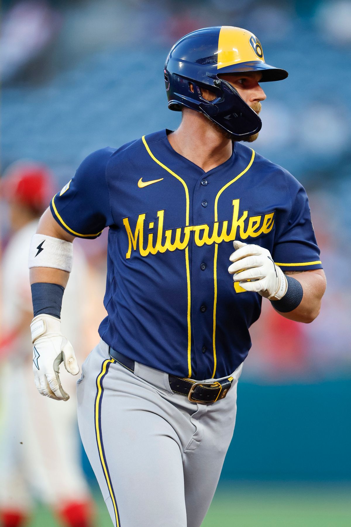 Jake Bauers #9 of the Milwaukee Brewers hits a home run against the Los Angeles Angels on August 1, 2026 at Angel Stadium in Anaheim, California. Jake Bauers #9 of the Milwaukee Brewers hits a home run against the Los Angeles Angels on August 1, 2026 at Angel Stadium in Anaheim, California.