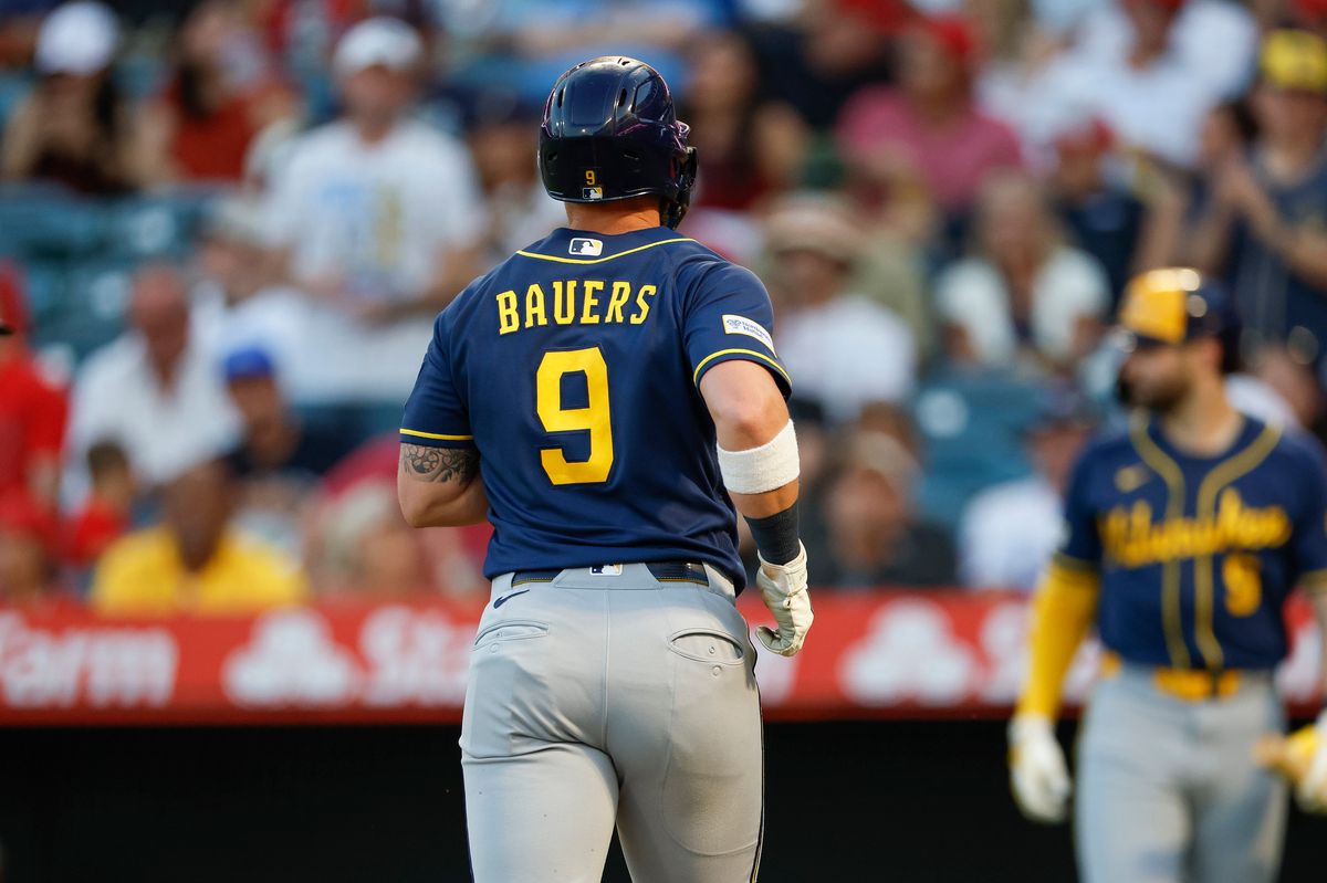 Jake Bauers #9 of the Milwaukee Brewers hits a home run against the Los Angeles Angels on August 1, 2026 at Angel Stadium in Anaheim, California. Jake Bauers #9 of the Milwaukee Brewers hits a home run against the Los Angeles Angels on August 1, 2026 at Angel Stadium in Anaheim, California.