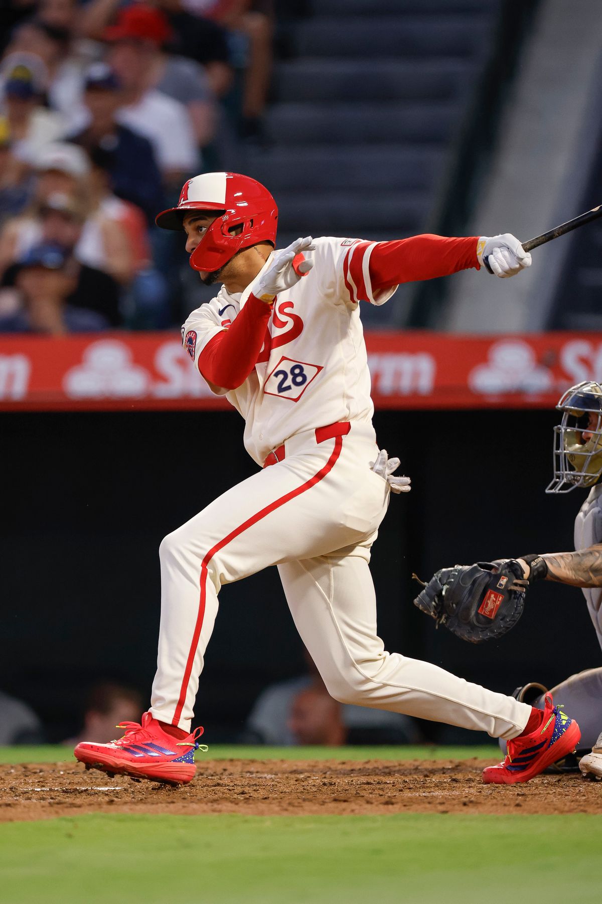 Jose Siri #28 of the Los Angeles Angels swings the bat against the Milwaukee Brewers on August 1, 2026 at Angel Stadium in Anaheim, California. Jose Siri #28 of the Los Angeles Angels swings the bat against the Milwaukee Brewers on August 1, 2026 at Angel Stadium in Anaheim, California.