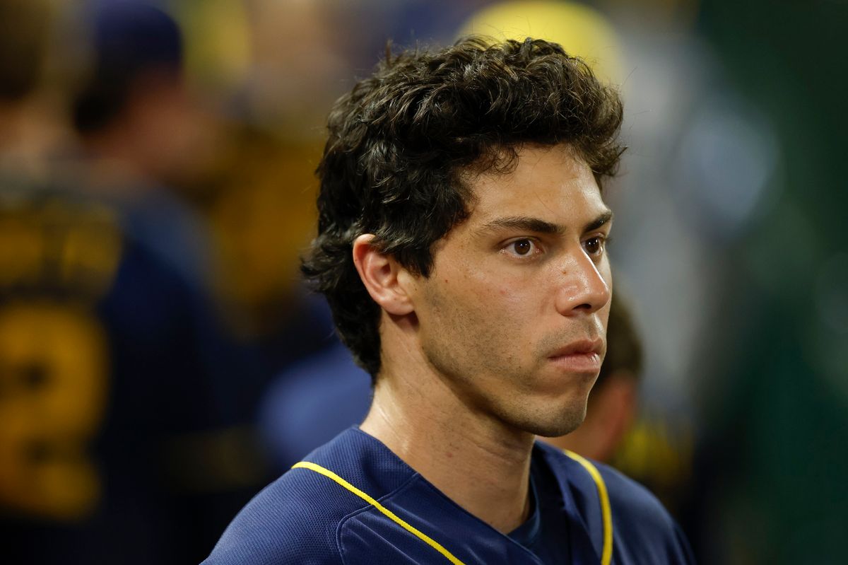 Christian Yelich #22 of the Milwaukee Brewers in the dugout in a game against the Los Angeles Angels on August 1, 2026 at Angel Stadium in Anaheim, California. Christian Yelich #22 of the Milwaukee Brewers in the dugout in a game against the Los Angeles Angels on August 1, 2026 at Angel Stadium in Anaheim, California.