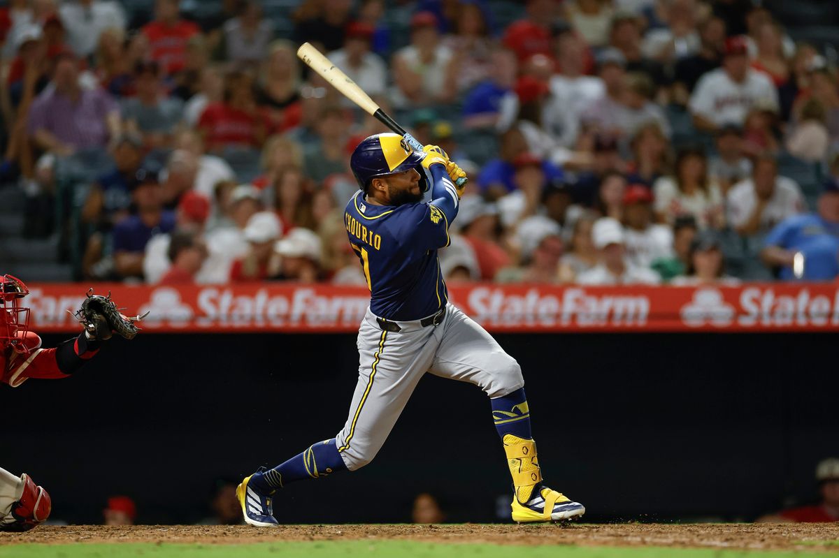 Jackson Chourio #11 of the Milwaukee Brewers hits a double against the Los Angeles Angels on August 1, 2026 at Angel Stadium in Anaheim, California. Jackson Chourio #11 of the Milwaukee Brewers hits a double against the Los Angeles Angels on August 1, 2026 at Angel Stadium in Anaheim, California.