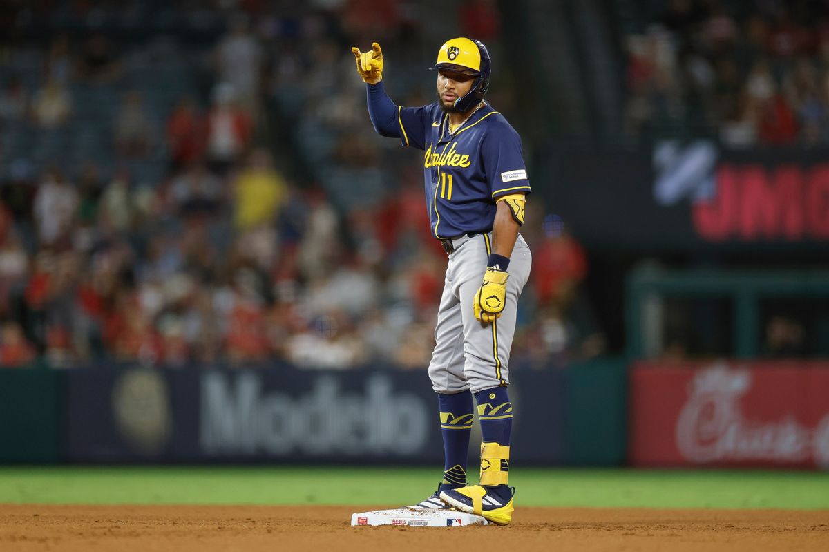 Jackson Chourio #11 of the Milwaukee Brewers hits a double against the Los Angeles Angels on August 1, 2026 at Angel Stadium in Anaheim, California. Jackson Chourio #11 of the Milwaukee Brewers hits a double against the Los Angeles Angels on August 1, 2026 at Angel Stadium in Anaheim, California.