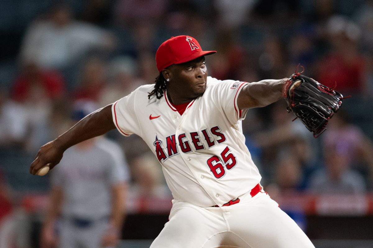 Los Angeles Angels right-handed pitcher Jose Fermin (65) throws a pitch during a game between the Texas Rangers and the Los Angeles Angels on Tuesday, August 11, 2026 at Angels Stadium in Anaheim Calif. Los Angeles Angels right-handed pitcher Jose Fermin (65) throws a pitch during a game between the Texas Rangers and the Los Angeles Angels on Tuesday, August 11, 2026 at Angels Stadium in Anaheim Calif.
