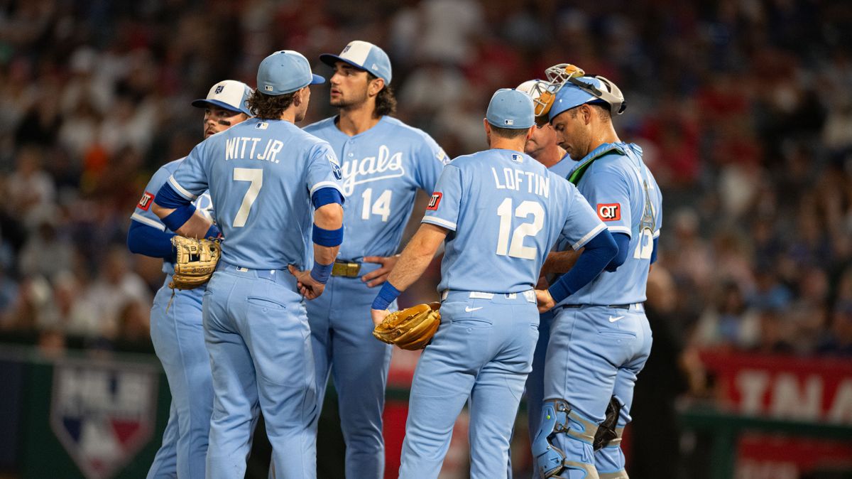 Kasas CIty Royals huddle at the mound during a game between the Kansas City Royals and the Los Angeles Angels on Saturday, August 15, 2026 at Angels Stadium in Anaheim Calif. Kasas CIty Royals huddle at the mound during a game between the Kansas City Royals and the Los Angeles Angels on Saturday, August 15, 2026 at Angels Stadium in Anaheim Calif.