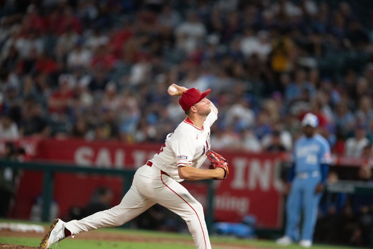 Los Angeles Angels starting pitcher Reid Detmers (48) throws a pitch during a game between the Kansas City Royals and the Los Angeles Angels on Saturday, August 15, 2026 at Angels Stadium in Anaheim Calif. Los Angeles Angels starting pitcher Reid Detmers (48) throws a pitch during a game between the Kansas City Royals and the Los Angeles Angels on Saturday, August 15, 2026 at Angels Stadium in Anaheim Calif.
