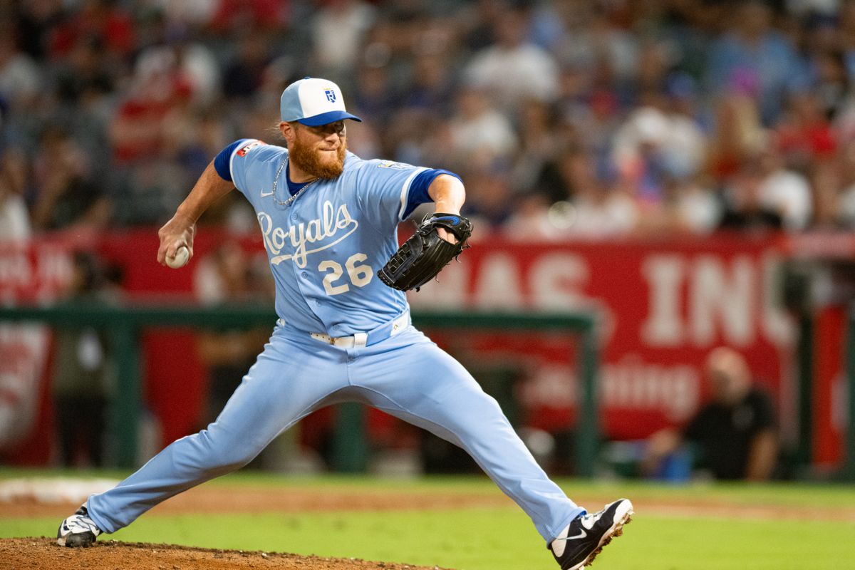 Kansas City Royals right-handed pitcher Craig Kimbrel (26) throws a pitch during a game between the Kansas City Royals and the Los Angeles Angels on Saturday, August 15, 2026 at Angel Stadium in Anaheim Calif. Kansas City Royals right-handed pitcher Craig Kimbrel (26) throws a pitch during a game between the Kansas City Royals and the Los Angeles Angels on Saturday, August 15, 2026 at Angel Stadium in Anaheim Calif.