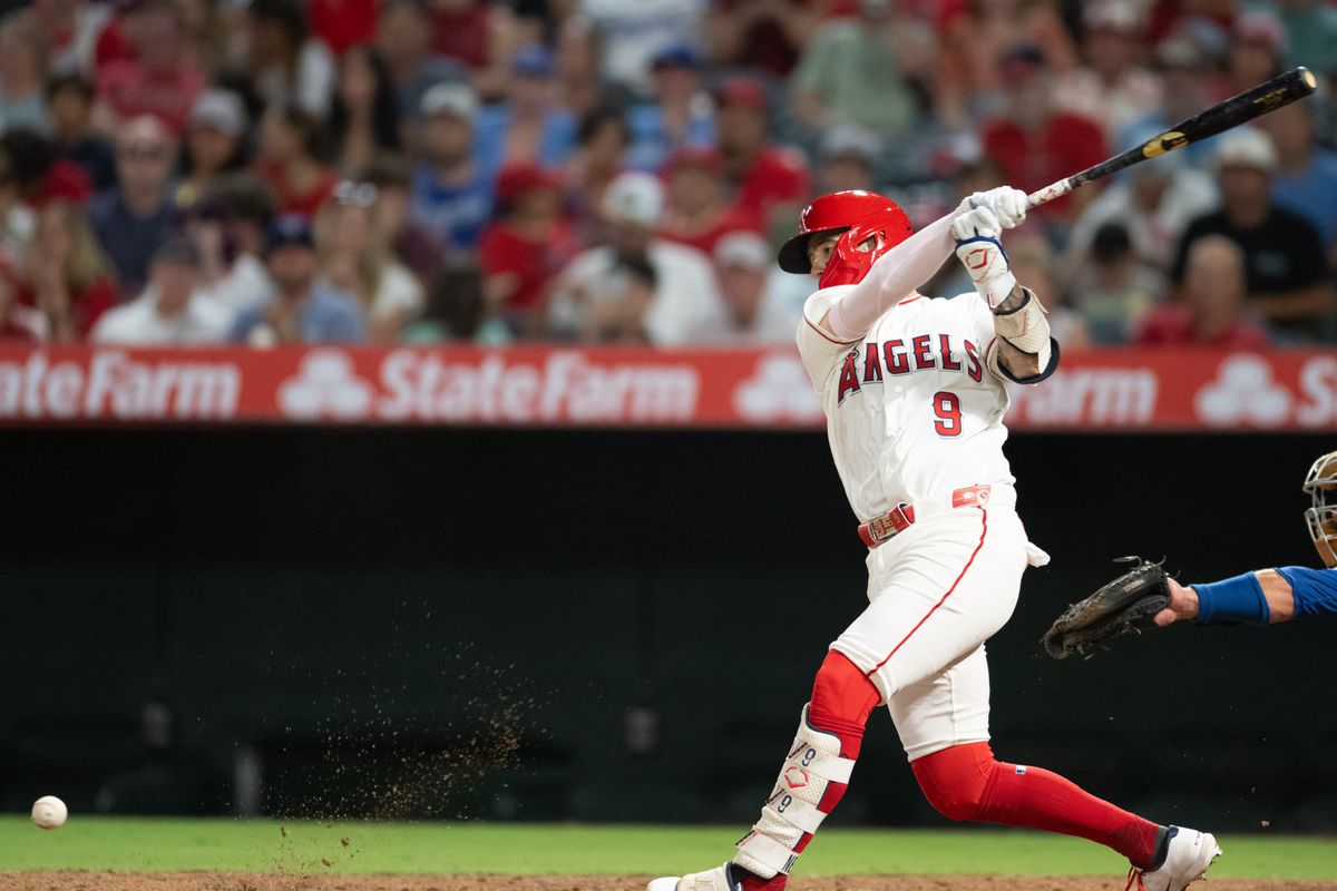 Los Angeles Angels short stop Zach Neto (9) swings a misses during a game between the Kansas City Royals and the Los Angeles Angels on Saturday, August 15, 2026 at Angel Stadium in Anaheim Calif. Los Angeles Angels short stop Zach Neto (9) swings a misses during a game between the Kansas City Royals and the Los Angeles Angels on Saturday, August 15, 2026 at Angel Stadium in Anaheim Calif.