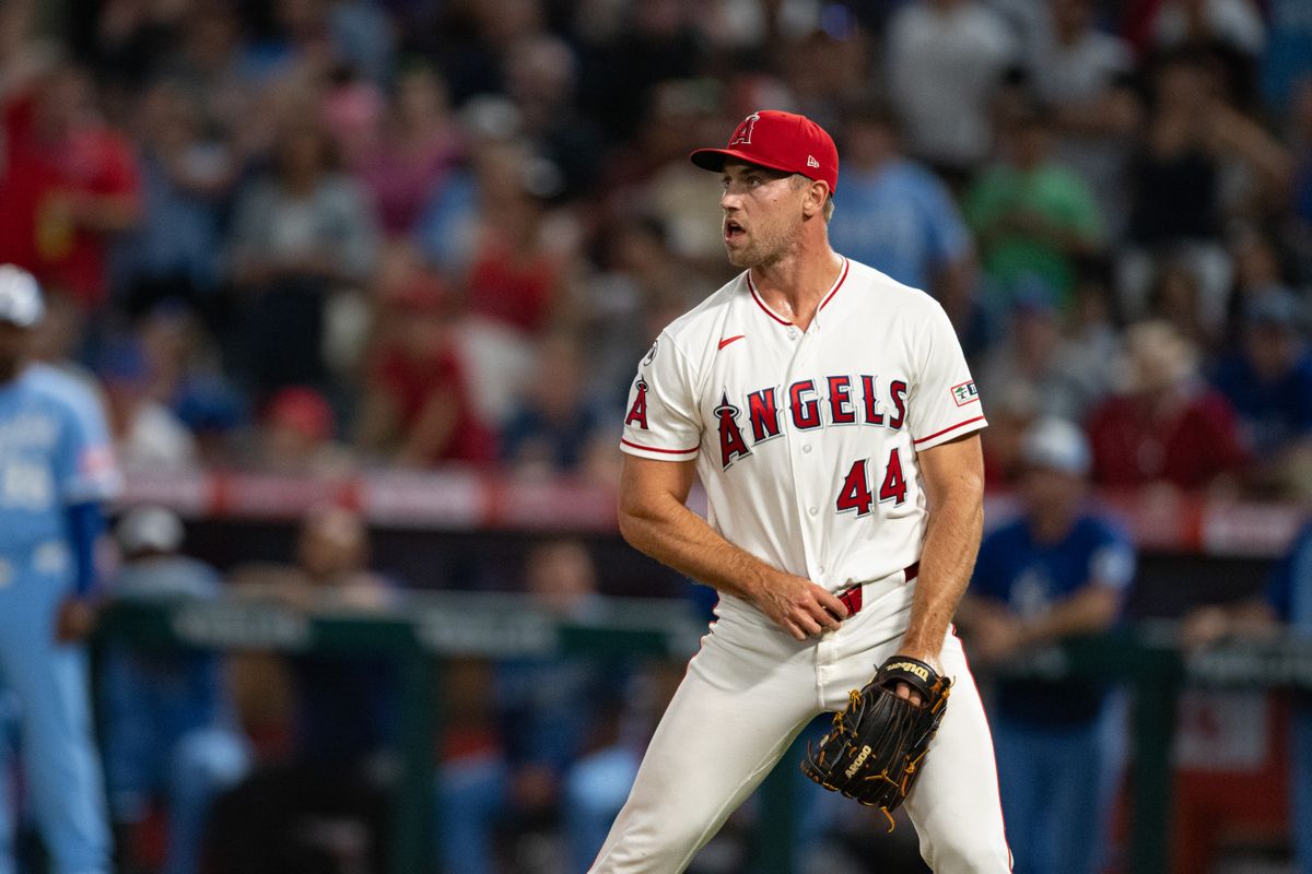 Los Angeles Angels right-handed pitcher Ben Joyce (44) reacts after ending the game in the ninth inning during a game between the Kansas City Royals and the Los Angeles Angels on Saturday, August 15, 2026 at Angel Stadium in Anaheim Calif. Los Angeles Angels right-handed pitcher Ben Joyce (44) reacts after ending the game in the ninth inning during a game between the Kansas City Royals and the Los Angeles Angels on Saturday, August 15, 2026 at Angel Stadium in Anaheim Calif.