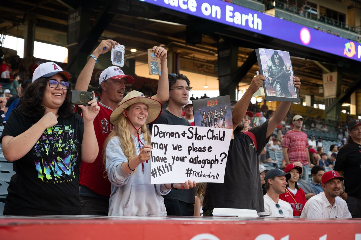 KISS fans show up during a game between the Kansas City Royals and the Los Angeles Angels on Saturday, August 15, 2026 at Angel Stadium in Anaheim Calif. KISS fans show up during a game between the Kansas City Royals and the Los Angeles Angels on Saturday, August 15, 2026 at Angel Stadium in Anaheim Calif.